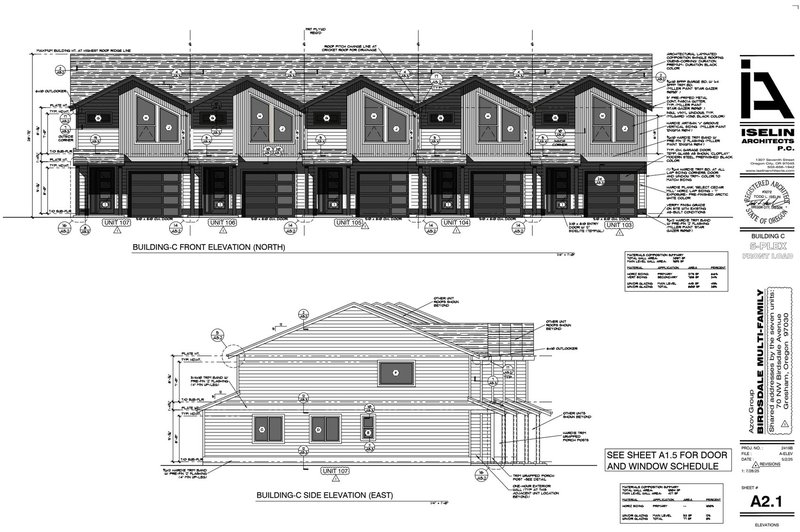 Building C front and side elevations, sheet A2.1 by Iselin Architects. Five plex, front load.