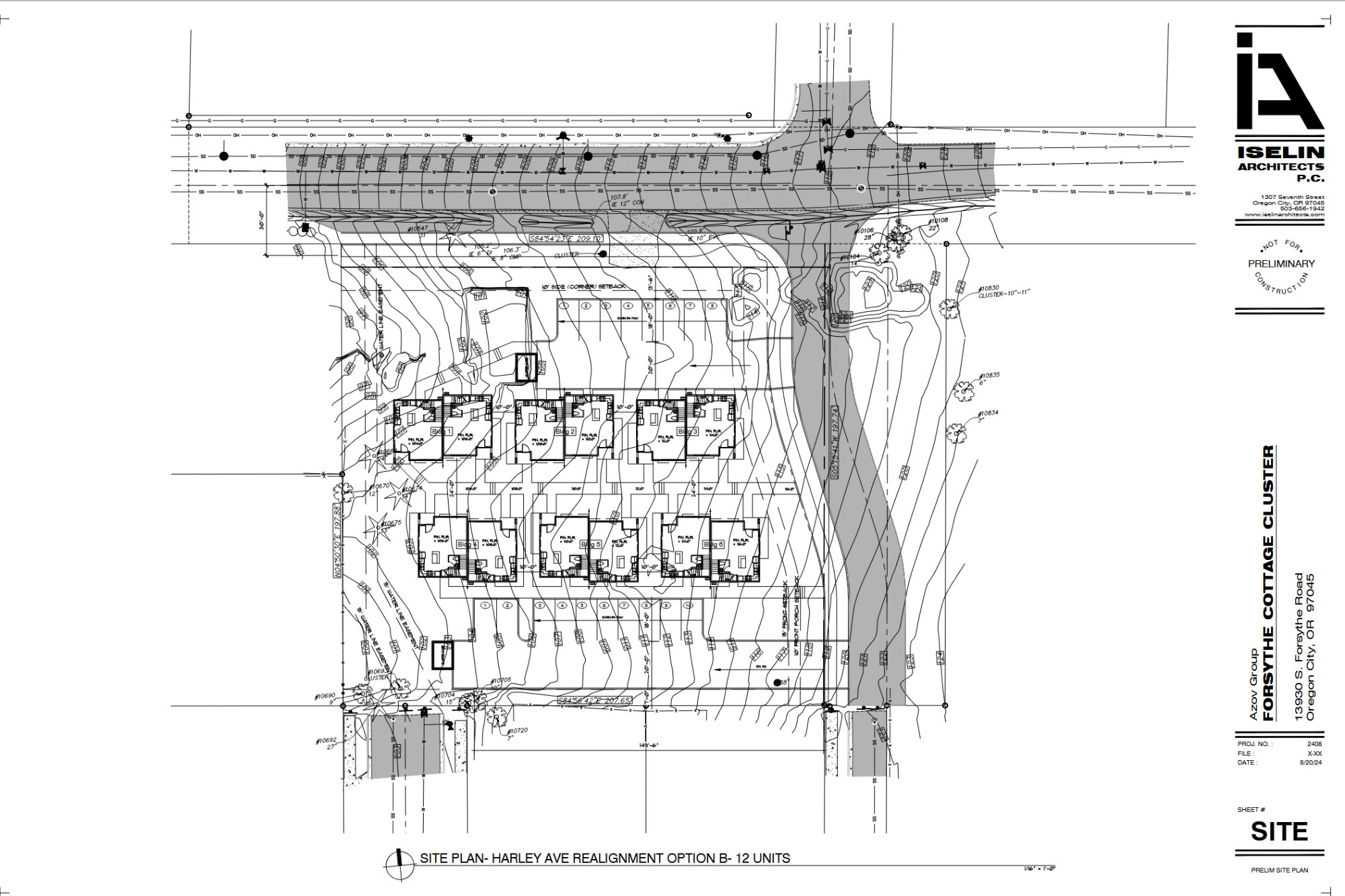 Preliminary site plan, Harley Ave realignment option B. Six buildings, twelve units. Marked not for construction.
