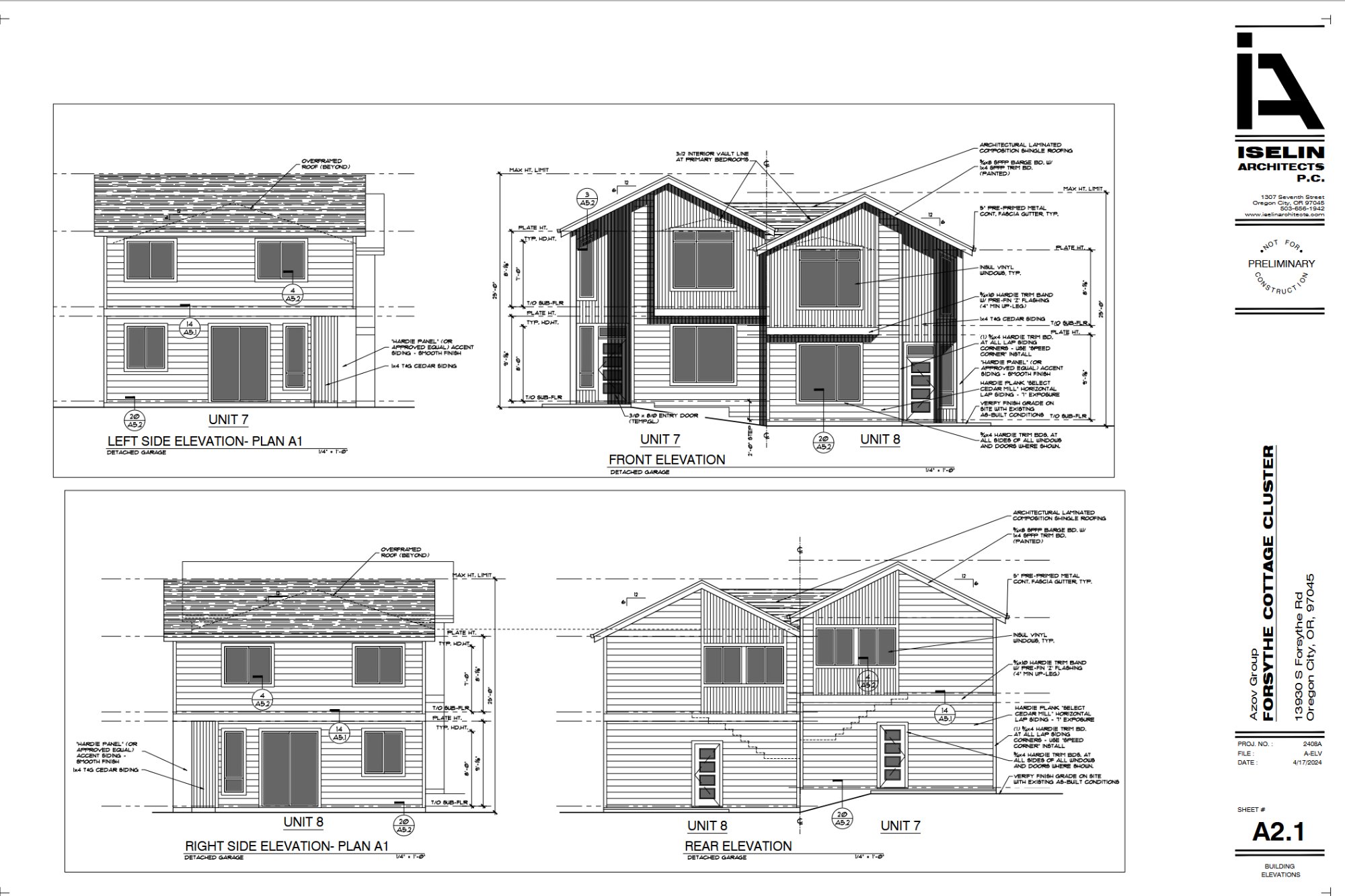 Building elevations, sheet A2.1. Hardie lap and panel siding with cedar accents.