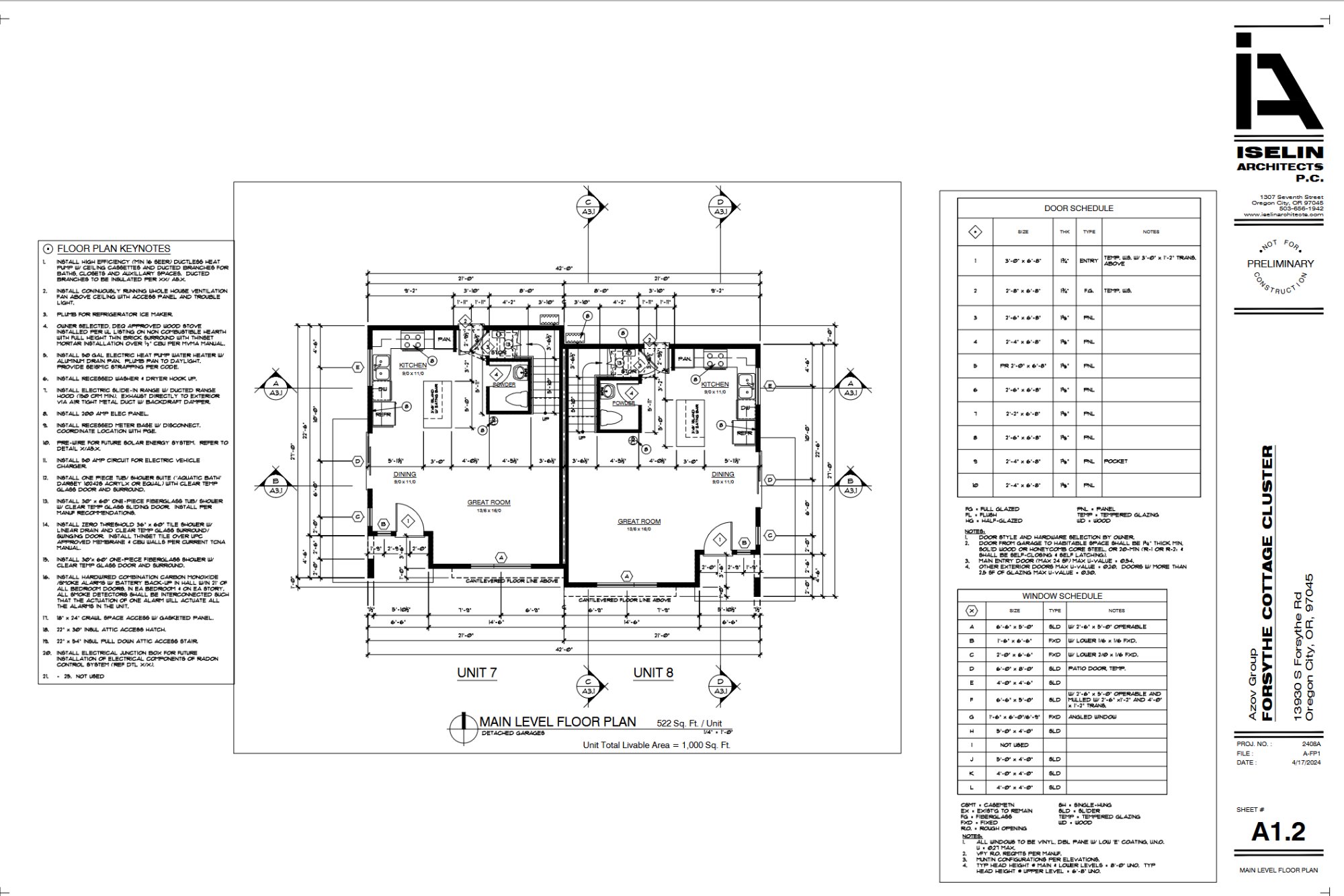 Main level plan for units 7 and 8, sheet A1.2. 522 sq ft on this level, 1,000 sq ft livable per unit.