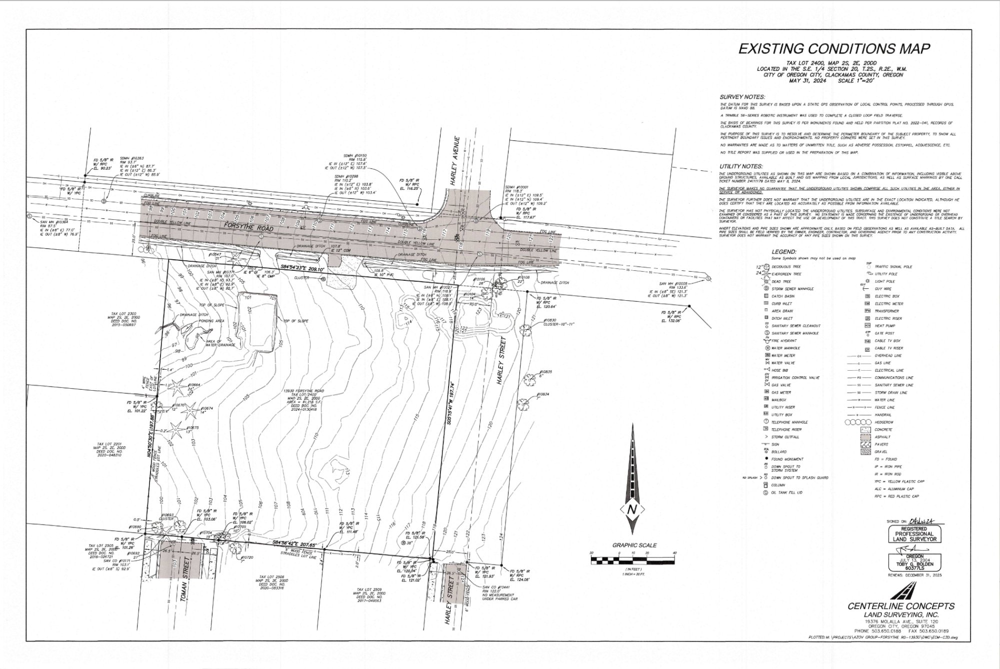 Existing conditions map for tax lot 2400. Lot area 41,218 sq ft.