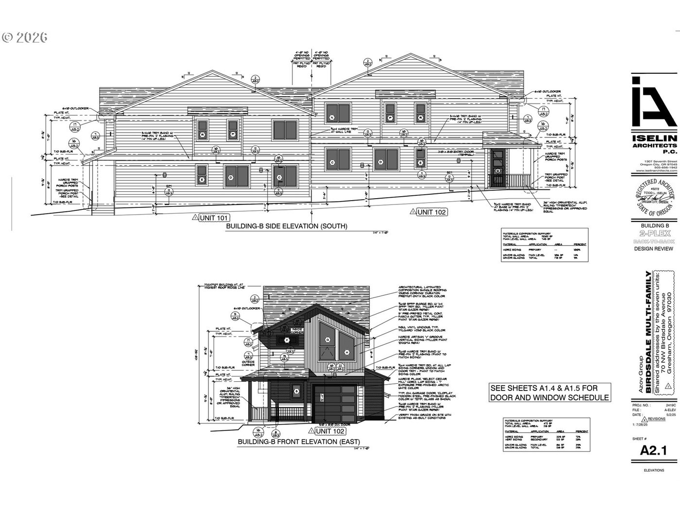 Building B side and front elevations, sheet A2.1 by Iselin Architects. One of the two duplex buildings.