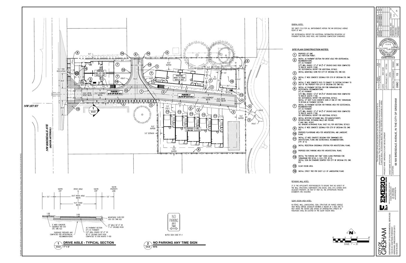 Sheet C5.0, the site plan. Nine units, the drive aisle and the parking off NW Birdsdale Avenue.