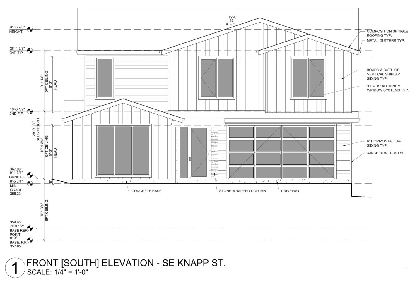 The front elevation from SE Knapp, sheet A-3. Board and batten over horizontal lap siding, 31 ft 6 in to the ridge.