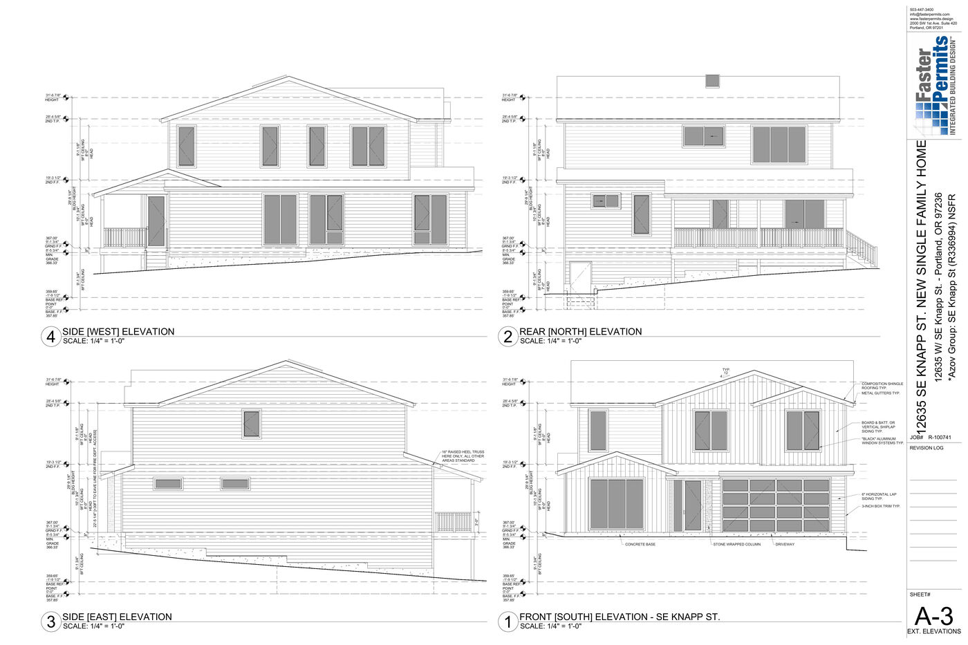 All four exterior elevations, sheet A-3 by Faster Permits.