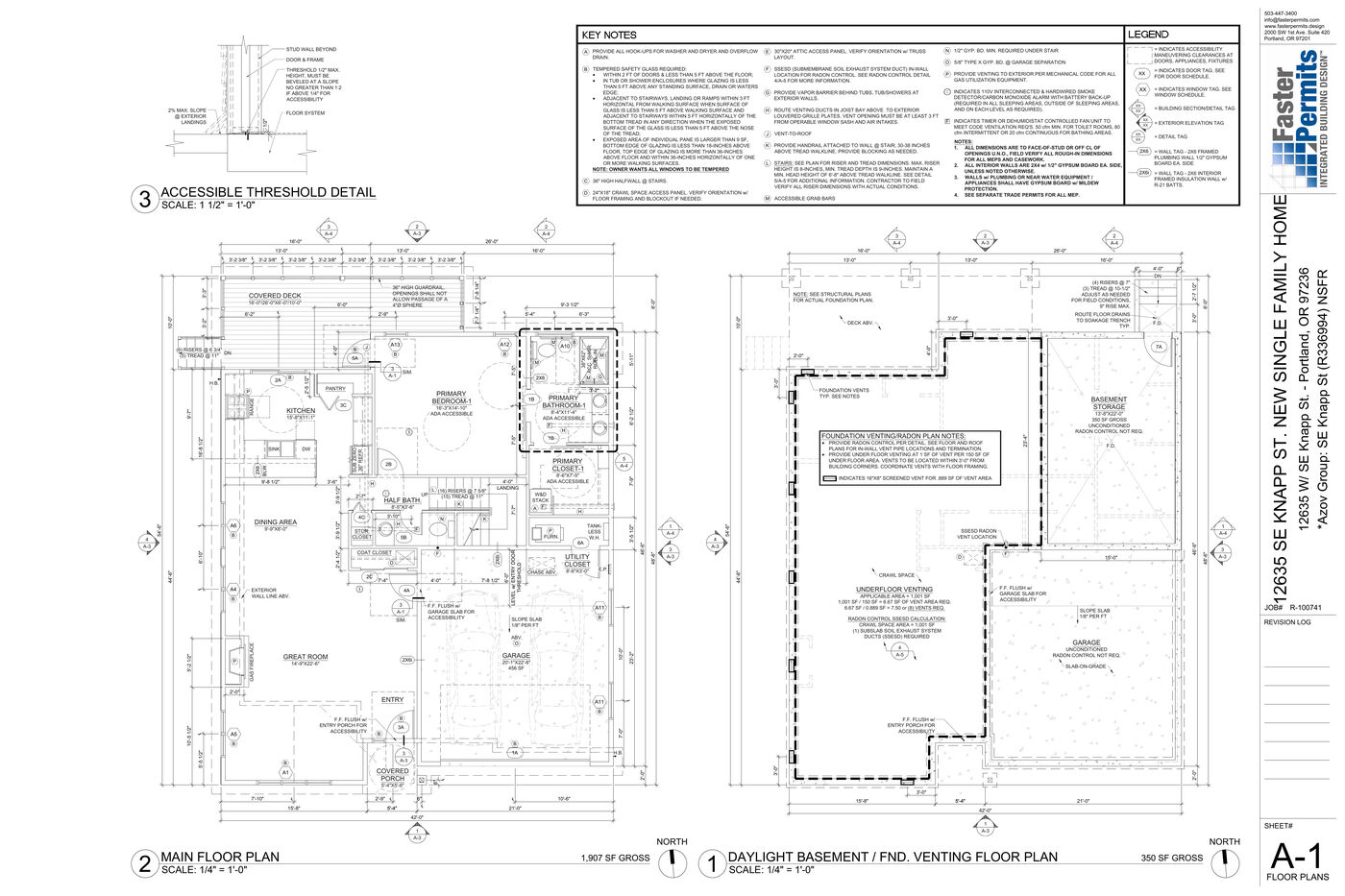 Main floor and daylight basement, sheet A-1. The main level runs 1,907 sq ft gross including the garage, with 350 sq ft of unfinished storage below.