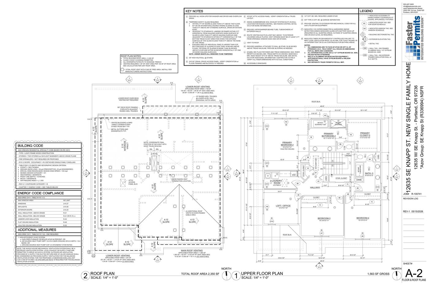 Upper floor and roof plan, sheet A-2. 1,563 sq ft holding the second primary suite and the loft.
